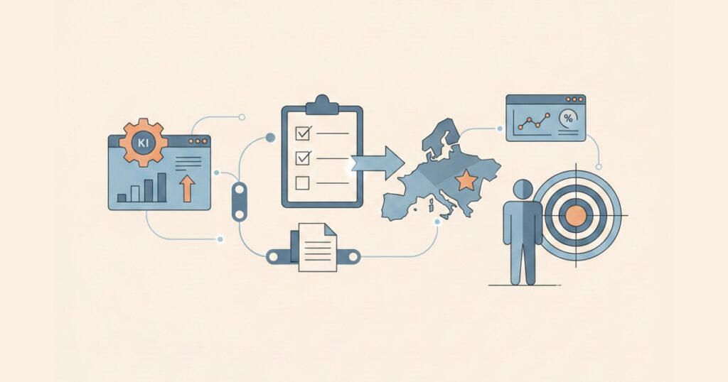 Eine minimalistische Flat-Design-Illustration im modernen Vektor-Stil auf hellem, beigefarbenem Hintergrund. Die Grafik zeigt einen abstrakten Business-Workflow in gedeckten Blautönen mit sanften orangefarbenen Akzenten. Von links nach rechts sind verschiedene Symbole durch feine Linien verbunden: Ein Dashboard mit einem Zahnrad, eine Checkliste, eine stilisierte Karte von Europa mit einem Stern, eine menschliche Silhouette und eine Zielscheibe. Das Design wirkt ruhig, professionell und übersichtlich – ideal zur Darstellung von IT-Prozessen und EU-Compliance-Themen.