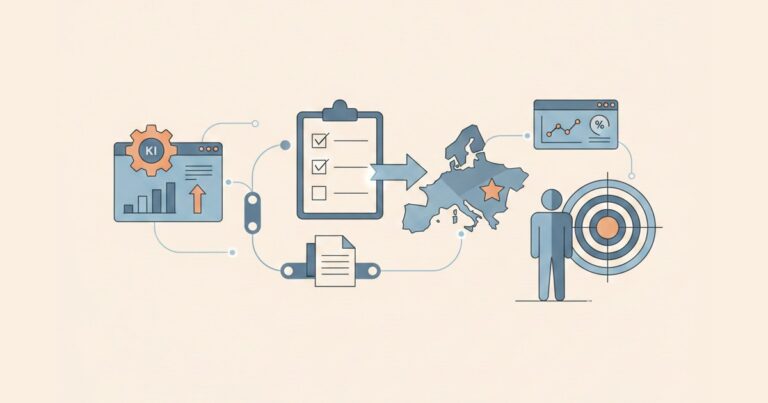 Eine minimalistische Flat-Design-Illustration im modernen Vektor-Stil auf hellem, beigefarbenem Hintergrund. Die Grafik zeigt einen abstrakten Business-Workflow in gedeckten Blautönen mit sanften orangefarbenen Akzenten. Von links nach rechts sind verschiedene Symbole durch feine Linien verbunden: Ein Dashboard mit einem Zahnrad, eine Checkliste, eine stilisierte Karte von Europa mit einem Stern, eine menschliche Silhouette und eine Zielscheibe. Das Design wirkt ruhig, professionell und übersichtlich – ideal zur Darstellung von IT-Prozessen und EU-Compliance-Themen.