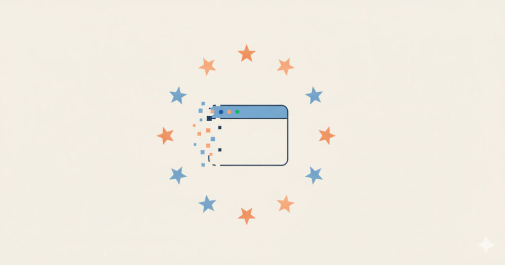 Minimalistische Flat-Design-Illustration zum Ende der EU-Streitschlichtungsplattform: Ein stilisiertes, blaues Browserfenster löst sich an der Seite in kleine digitale Quadrate auf. Das Symbol wird von einem Kreis aus schlichten Sternen in Blau und Soft-Orange umrahmt. Die professionelle Grafik auf hellem Beige symbolisiert die Deaktivierung und Abschaltung der Plattform in einem modernen, sachlichen Stil.