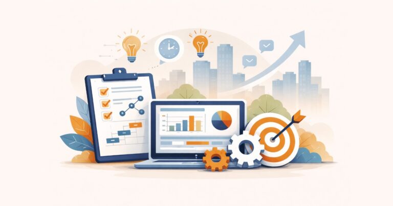 Abstrakte Illustration zur Planung und Steuerung erfolgreicher Software-Projekte mit Diagrammen, Checkliste, Zahnrädern und Zielsymbol in ruhigem, modernem IT-Stil.