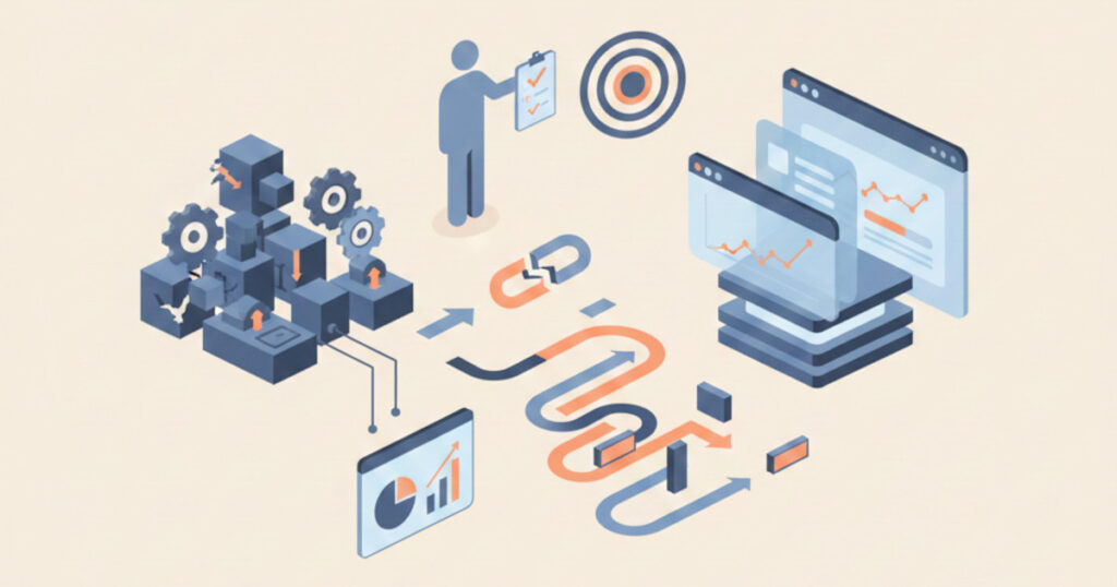 Minimalistische Vektorgrafik zum Thema IT-Modernisierung: Ein abstrakter Prozessweg verbindet ein komplexes, dunkleres Altsystem (Legacy-Software) mit modernen, hellen Benutzeroberflächen und Daten-Dashboards. Symbole wie Zahnräder, Checklisten und Zielscheiben illustrieren die Transformation und Optimierung von Unternehmensprozessen in einer sauberen, professionellen Ästhetik.