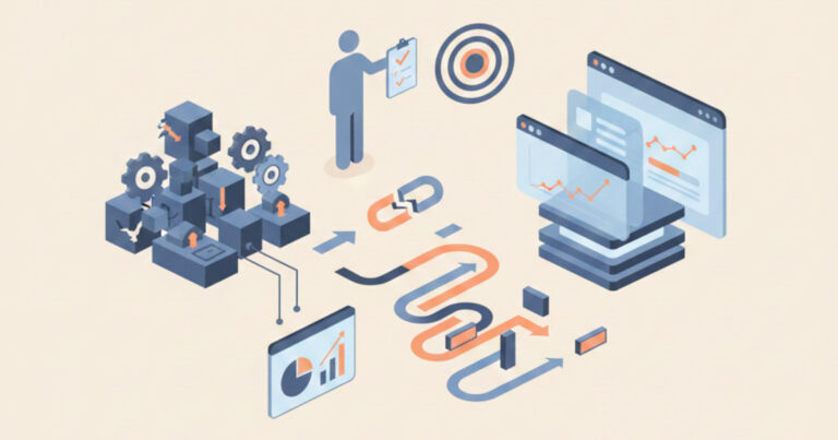 Minimalistische Vektorgrafik zum Thema IT-Modernisierung: Ein abstrakter Prozessweg verbindet ein komplexes, dunkleres Altsystem (Legacy-Software) mit modernen, hellen Benutzeroberflächen und Daten-Dashboards. Symbole wie Zahnräder, Checklisten und Zielscheiben illustrieren die Transformation und Optimierung von Unternehmensprozessen in einer sauberen, professionellen Ästhetik.