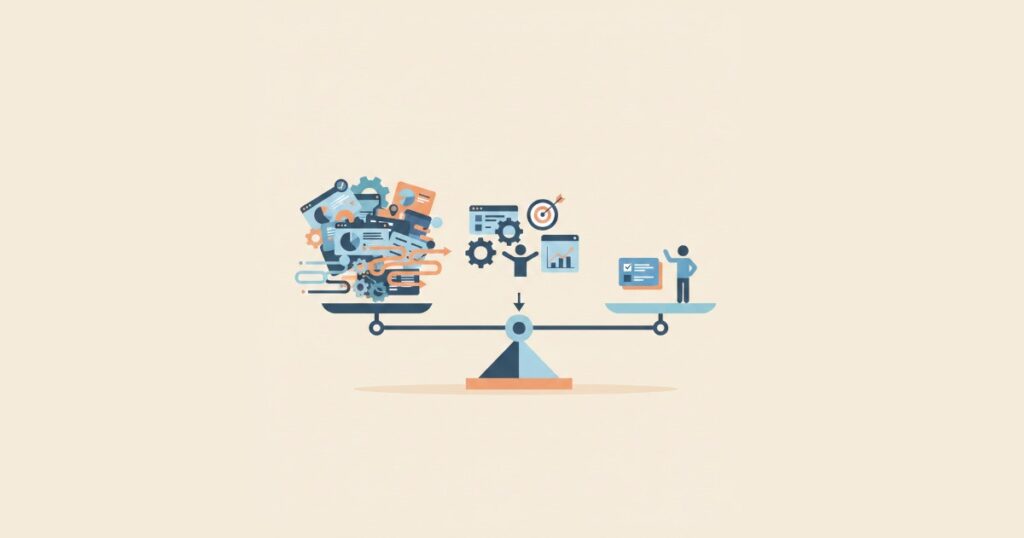 Eine minimalistische Flat-Design-Illustration zum Thema ERP-Funktionsumfang festlegen: Eine Waage zeigt das Gleichgewicht zwischen zu vielen komplexen Software-Modulen und einer zu einfach gehaltenen Lösung, um den optimalen Mittelweg für die ERP-Einführung zu finden.