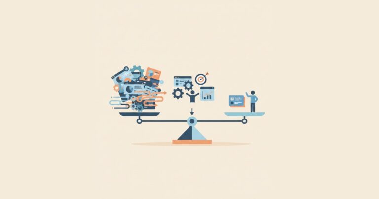 Eine minimalistische Flat-Design-Illustration zum Thema ERP-Funktionsumfang festlegen: Eine Waage zeigt das Gleichgewicht zwischen zu vielen komplexen Software-Modulen und einer zu einfach gehaltenen Lösung, um den optimalen Mittelweg für die ERP-Einführung zu finden.