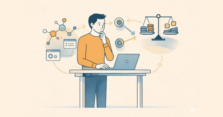 Agentic AI im Unternehmen: Illustration eines Mitarbeiters an einem höhenverstellbaren Schreibtisch mit KI-Agenten, Workflows und Kosten-Nutzen-Abwägung