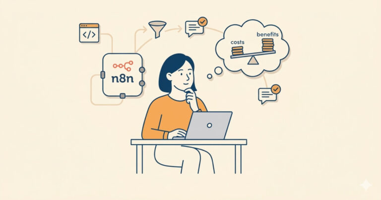Eine minimalistische Flat-Design-Illustration im Vektor-Stil auf beigem Hintergrund. Eine nachdenkliche Frau mit dunklem Haar, in orangefarbenem Pullover, sitzt am Schreibtisch vor ihrem Laptop, die Hand am Kinn. Über ihr schwebt ein logischer Workflow-Prozess. Links ist ein n8n-Logo-Knoten mit verschiedenen Programmier- und Datensymbolen (Funnel, Checkmark, Zahnräder) zu sehen. Dieser führt zu einer Gedankenblase, in der eine Waage steht, die die Stapel für „costs“ (Kosten) und „benefits“ (Nutzen) gegeneinander abwiegt, umgeben von kleinen dekorativen Grafiken und Zahnrädern. Die Illustration visualisiert die Überlegung eines Unternehmens, ob sich Automatisierung mit n8n lohnt.