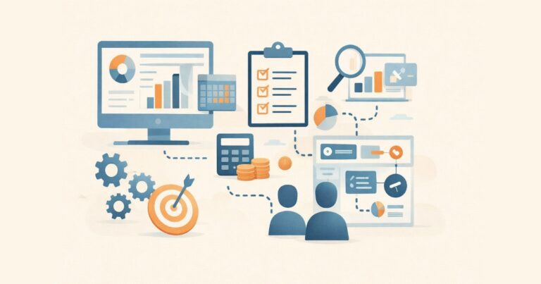 Visualisierung von ERP Kosten und Geschäftsprozessen mit Charts, Checkliste, Zielscheibe und vernetzten Systemelementen in einem modernen, minimalistischen Flat Design