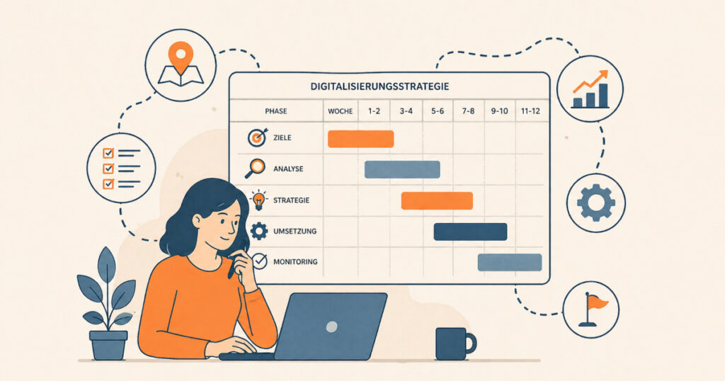 Frau arbeitet an einer Digitalisierungsstrategie für Unternehmen anhand einer visuellen Roadmap mit Gantt-Diagramm zur strukturierten digitalen Transformation.