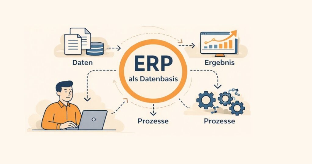 Illustration einer erp-datenbasis im Mittelstand: ERP-System als zentrale Plattform, verbunden mit Datenquellen, Prozessen und KI zur Optimierung von Geschäftsabläufen