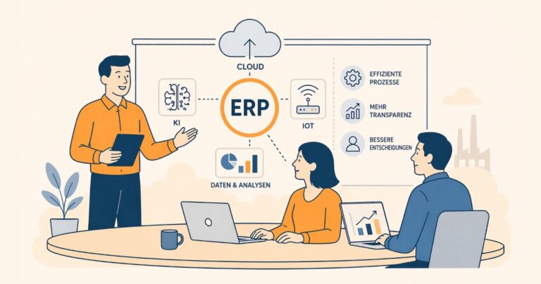 ERP-Trends im Mittelstand: Berater erklärt Cloud, KI und IoT in einer Besprechung mit zwei Personen am Tisch, visualisiert durch ein ERP-Diagramm mit vernetzten Symbolen für Daten, Analyse und Prozesse.