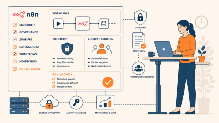 Frau am Stehschreibtisch prüft n8n Sicherheit und Governance im Unternehmen mit Checkliste für einen strukturierten Go-Live von Automatisierungen