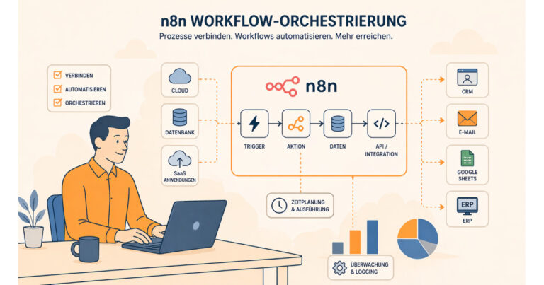 n8n Workflow-Orchestrierung: Person arbeitet am Laptop, während ein visuelles Diagramm automatisierte Workflows mit verbundenen Systemen, Cloud, Datenbank und API-Integrationen darstellt.