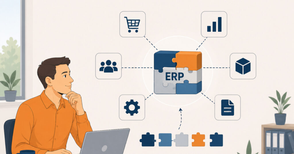 Mann analysiert ein Composable ERP im Unternehmen mit modularen ERP-Bausteinen und verbundenen Systemen für flexible Geschäftsprozesse
