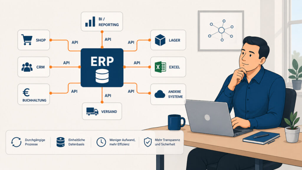 Mann analysiert ERP Schnittstellen im Unternehmen und zeigt die Verbindung zwischen ERP-System und angebundenen Anwendungen wie CRM, Shop und BI