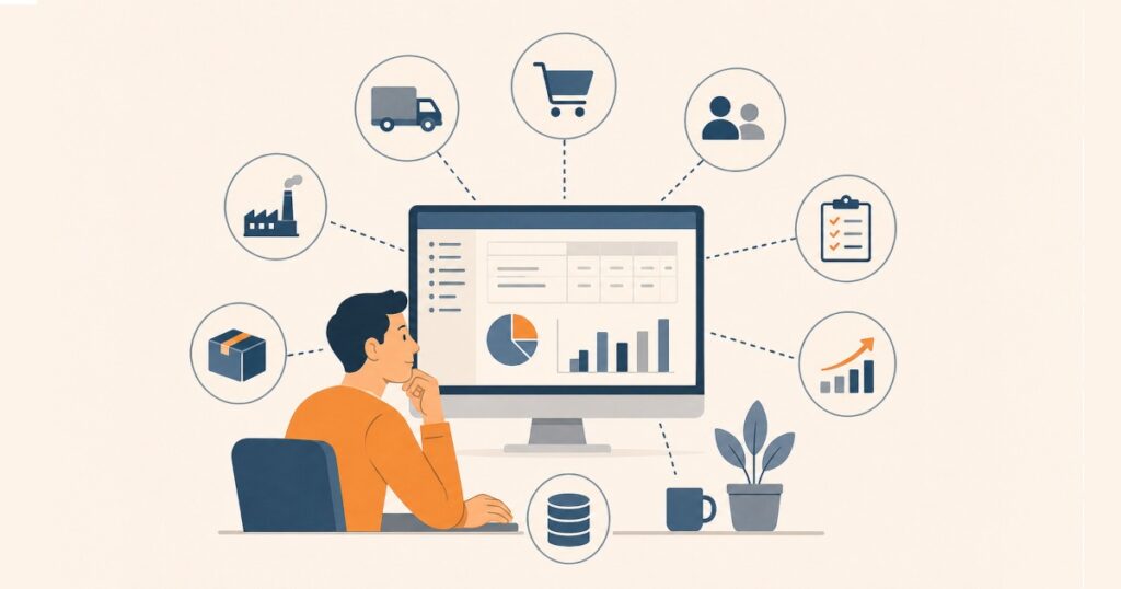 Grafische Darstellung von ERP-Schnittstellen mit Dashboard und verbundenen Unternehmensbereichen wie Einkauf, Lager, Logistik, Vertrieb und Datenanalyse.
