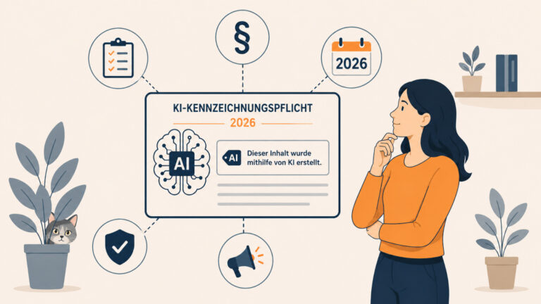 Illustration zur KI-Kennzeichnungspflicht 2026: nachdenkliche Person betrachtet eine Infografik mit KI-Symbol und dem Label „Dieser Inhalt wurde mithilfe von KI erstellt“, umgeben von Icons für Paragraf, Kalender 2026, Checkliste und Schutzschild.
